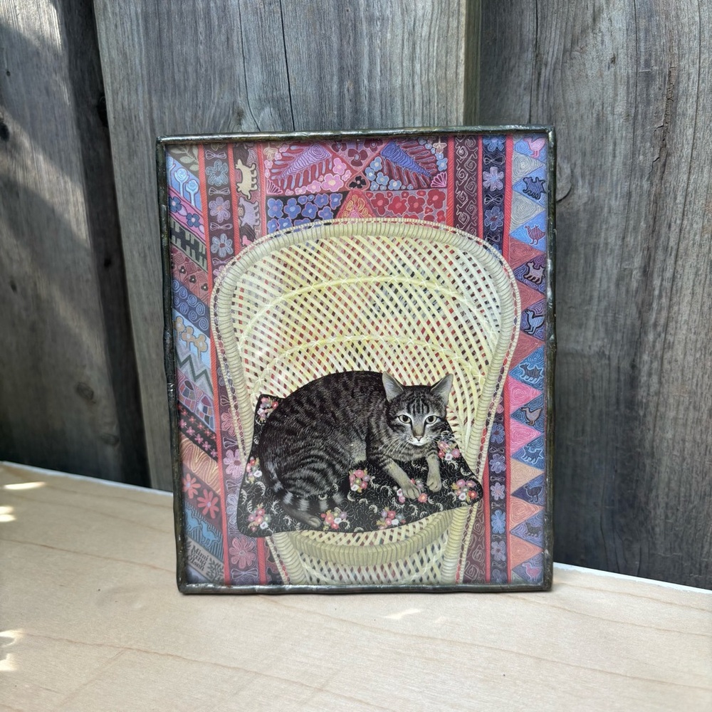 Mimi Vang Olsen Grey/Black Tabby Cat In Wicker Chair Art In Soldered? Frame